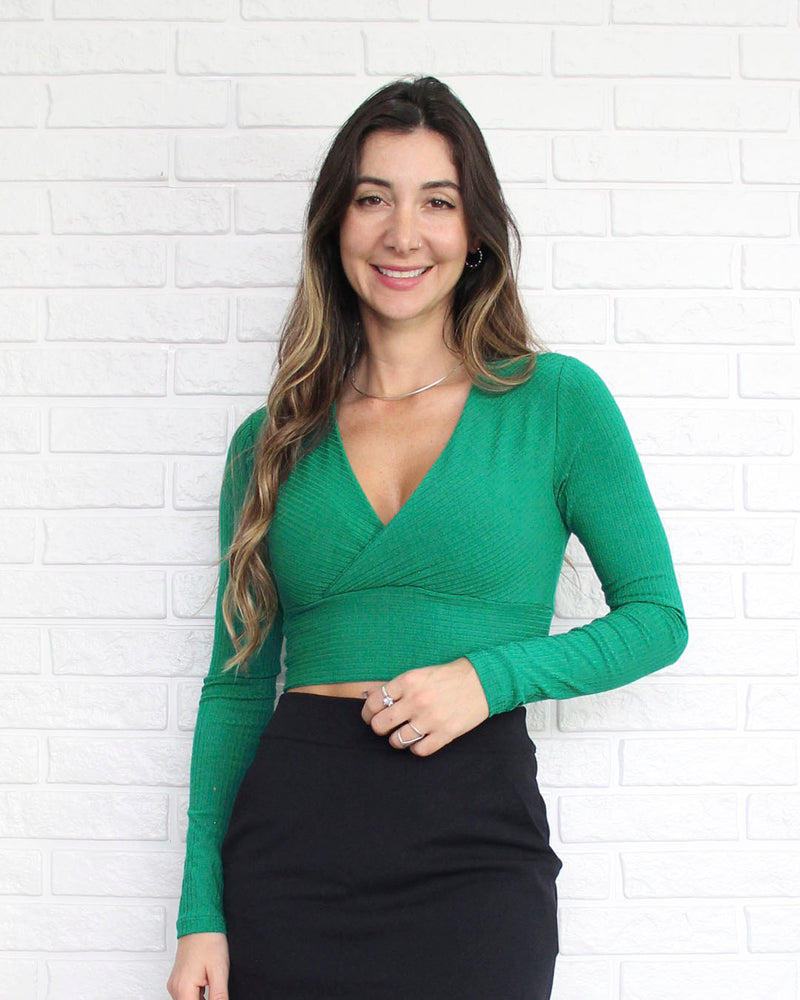 Blusa Transpassada Verde Manga Longa