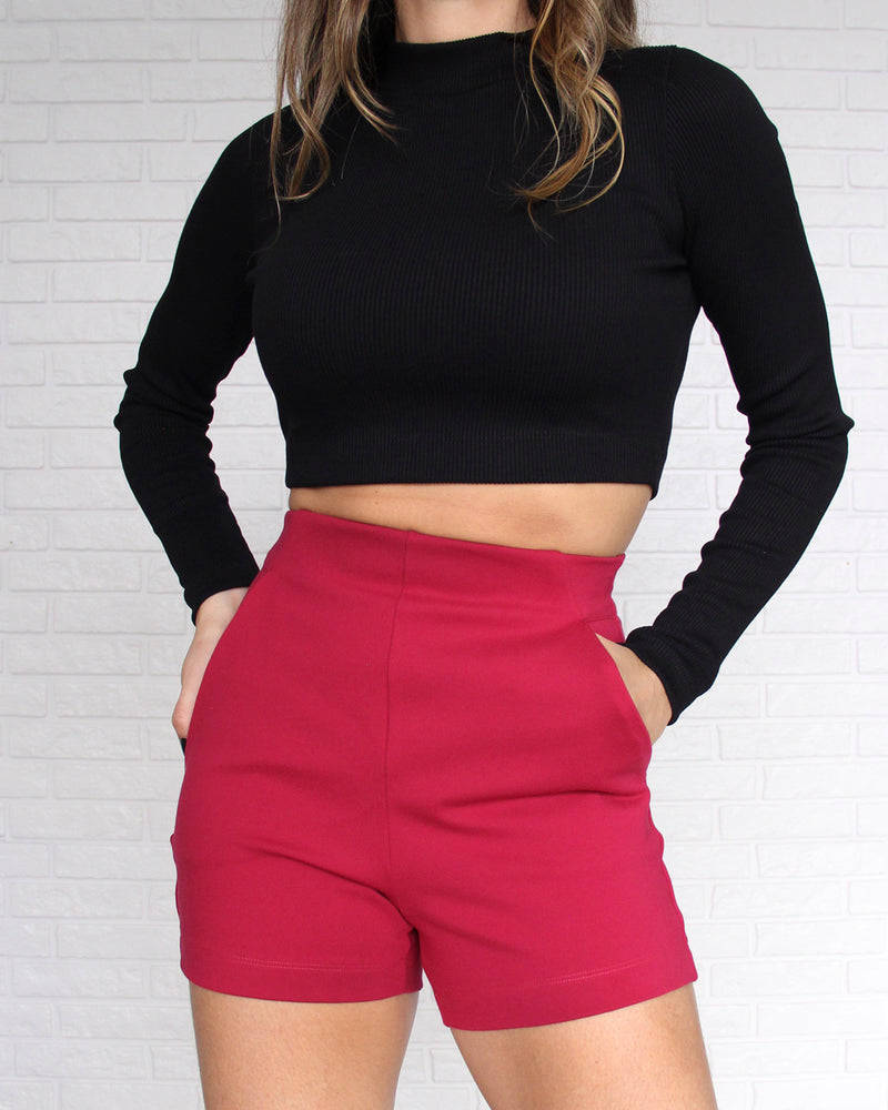 Cropped Canelado Manga Longa Preto